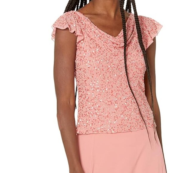 NWT J Kara Plus Size Beaded Cowl Neck Flutter Sleeve Long Dress Coral 24W - Picture 3 of 10